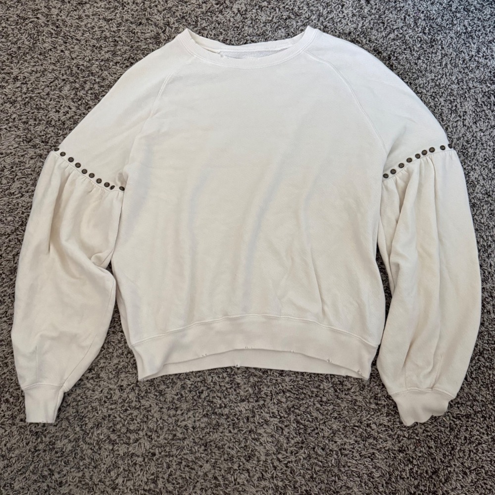 The Great Studded Puff Sleeve Sweatshirt Cream Raglan Crewneck Size 2 Medium